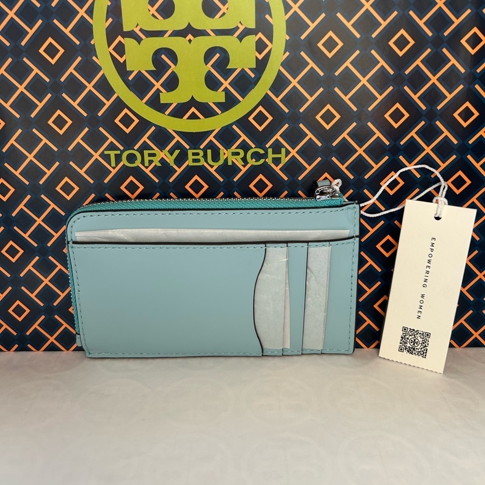 Tory Burch Blake Patent Zip Card Case Angel Blue Silver - Picture 2 of 7